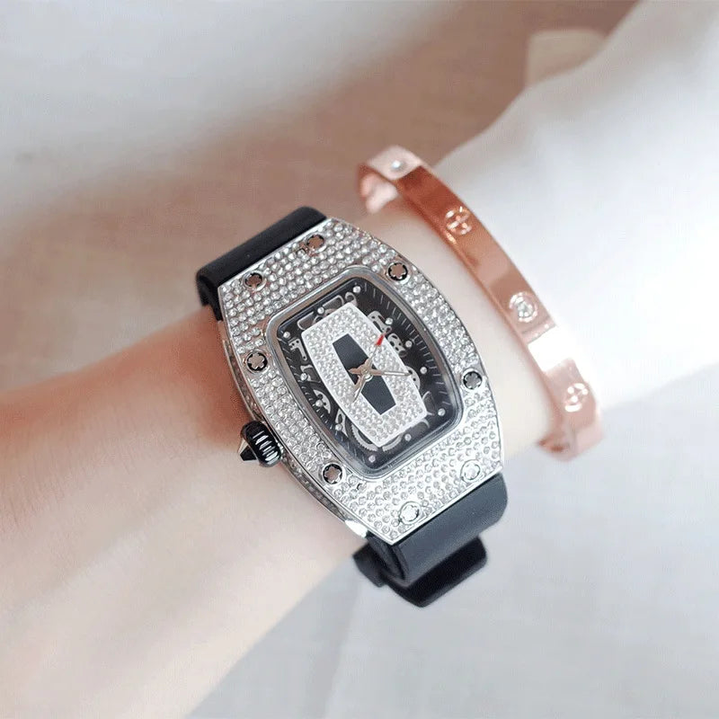 2024 Hot Fashion Diamond Watch For Women Elegant Iced Jewelry Watches Girl Sport Rubber Strap Tonneau Wristwatch Ladies Gift