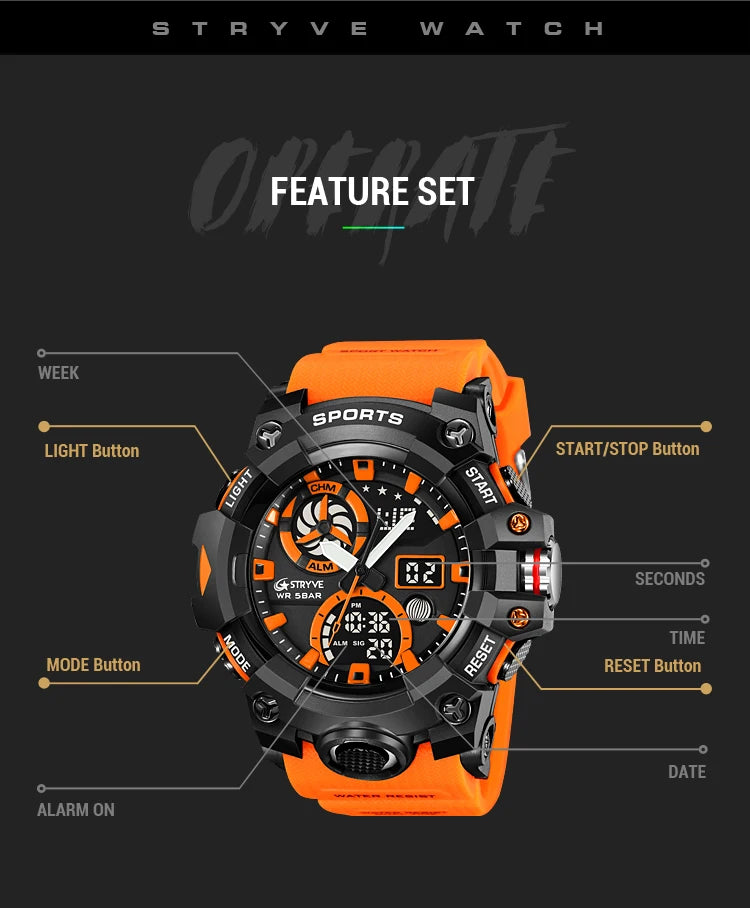 STRYVE Top Brand Electronic Watch For Men Outdoor Sports Waterproof Dual Time Display Quartz Wristwatches Rubber reloj hombre