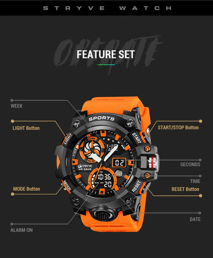 STRYVE Top Brand Electronic Watch For Men Outdoor Sports Waterproof Dual Time Display Quartz Wristwatches Rubber reloj hombre