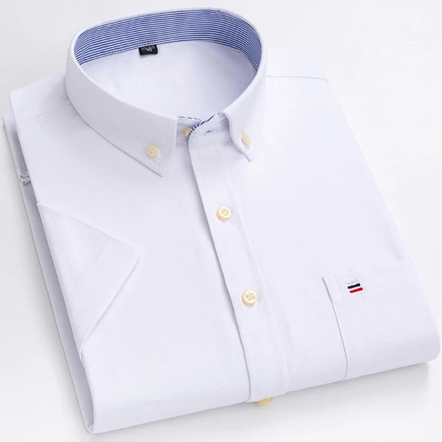 Men's Oxford Short Sleeve Square Collar Soild Plaid Striped Summer Casual Shirts Single Pocket Comfortable Cotton Shirt