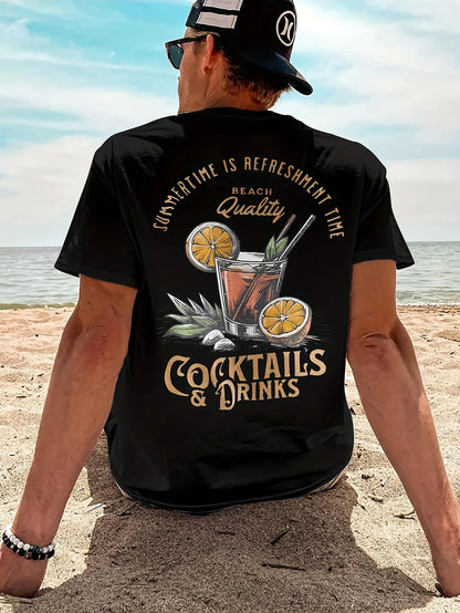 COCKTAILS DRINKS Printed T-shirt Men Summer Beach Short Sleeved Tops Unisex Casual Loose T Shirts Street Men's Cotton Tees