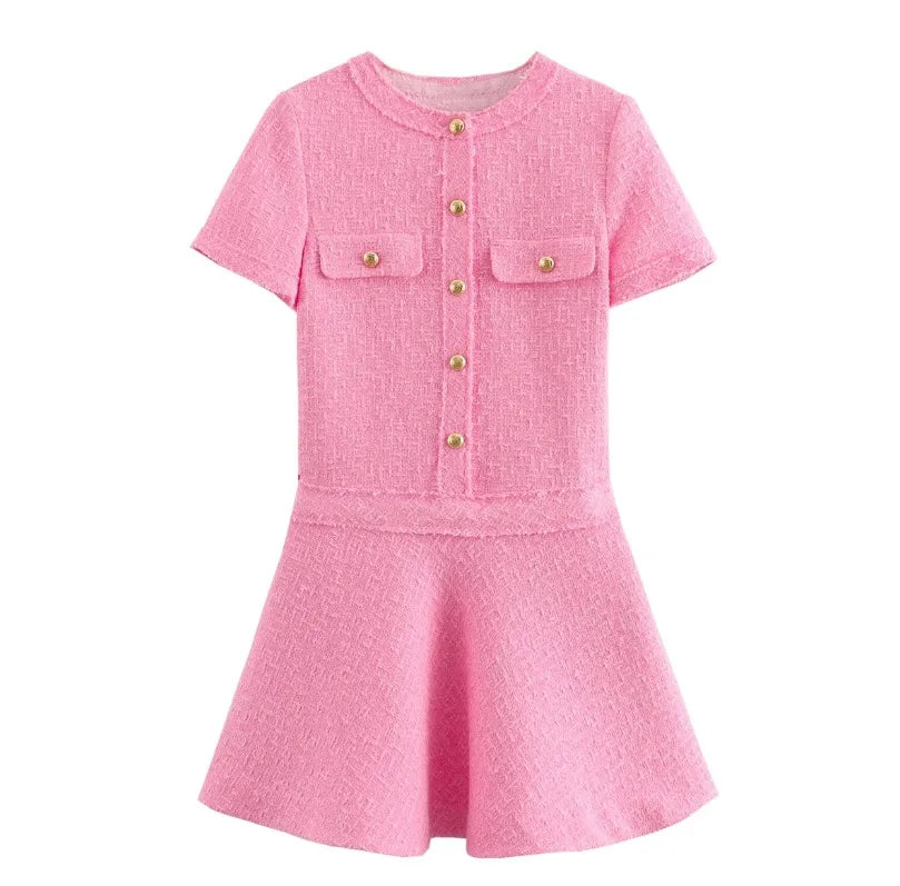 Elegant Metal Single Breasted Dresses For Women Contrast Knit Chic O-neck Short Sleevee Maxi Dress 2024 Female High Street Robes