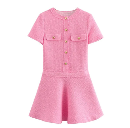 Elegant Metal Single Breasted Dresses For Women Contrast Knit Chic O-neck Short Sleevee Maxi Dress 2024 Female High Street Robes