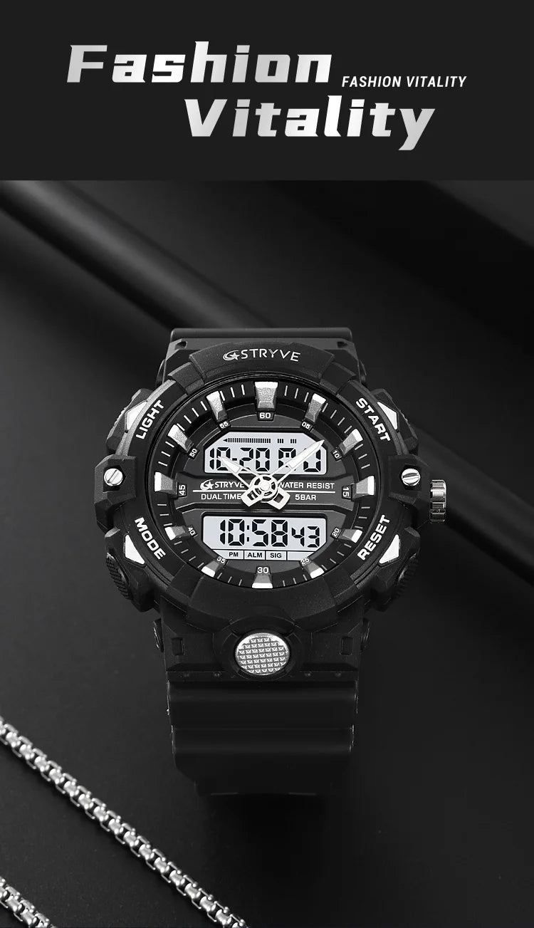 STRYVE Top Brand Electronic Watch For Men Outdoor Sports Waterproof Dual Time Display Quartz Wristwatches Rubber reloj hombre