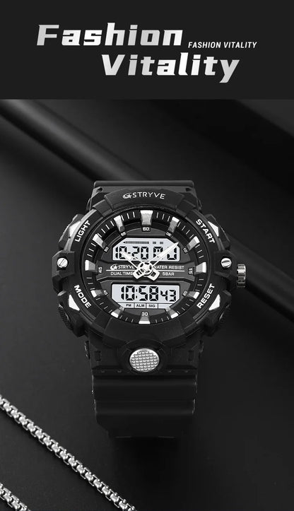 STRYVE Top Brand Electronic Watch For Men Outdoor Sports Waterproof Dual Time Display Quartz Wristwatches Rubber reloj hombre