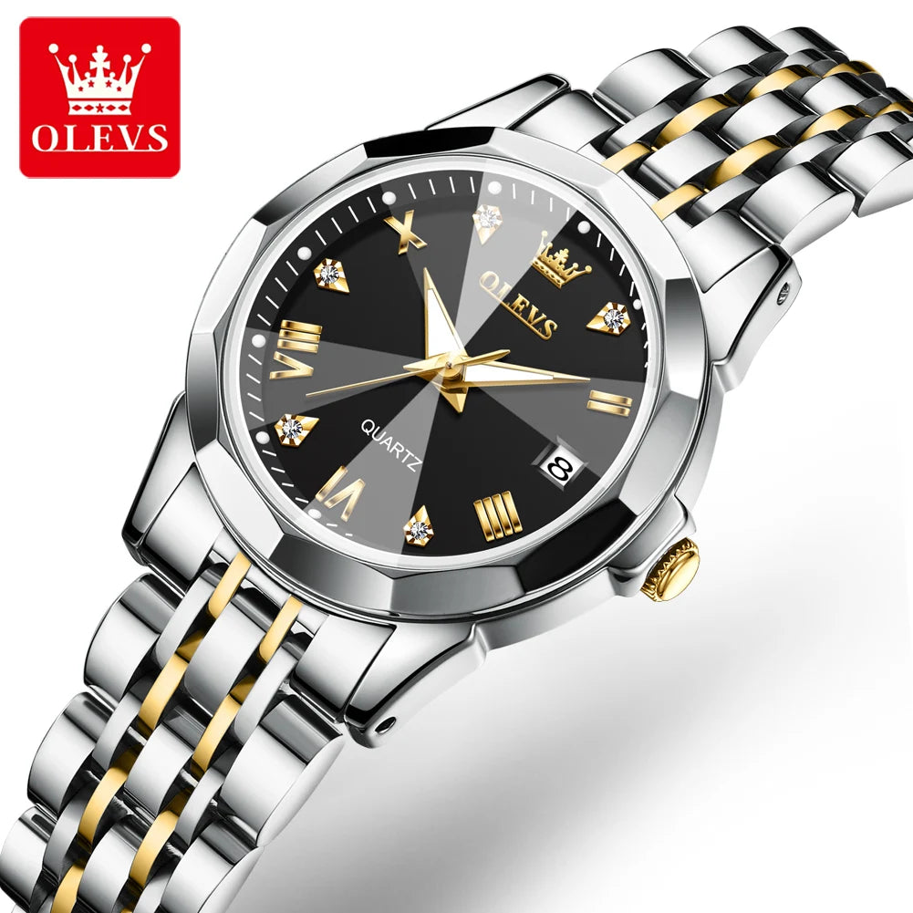 OLEVS Fashion Luxury Golden Watch For Women Stainless Steel Wristwatch Elegant Rhombus Quartz Waterproof Women's Watches Reloj
