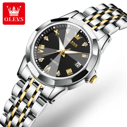 OLEVS Fashion Luxury Golden Watch For Women Stainless Steel Wristwatch Elegant Rhombus Quartz Waterproof Women's Watches Reloj