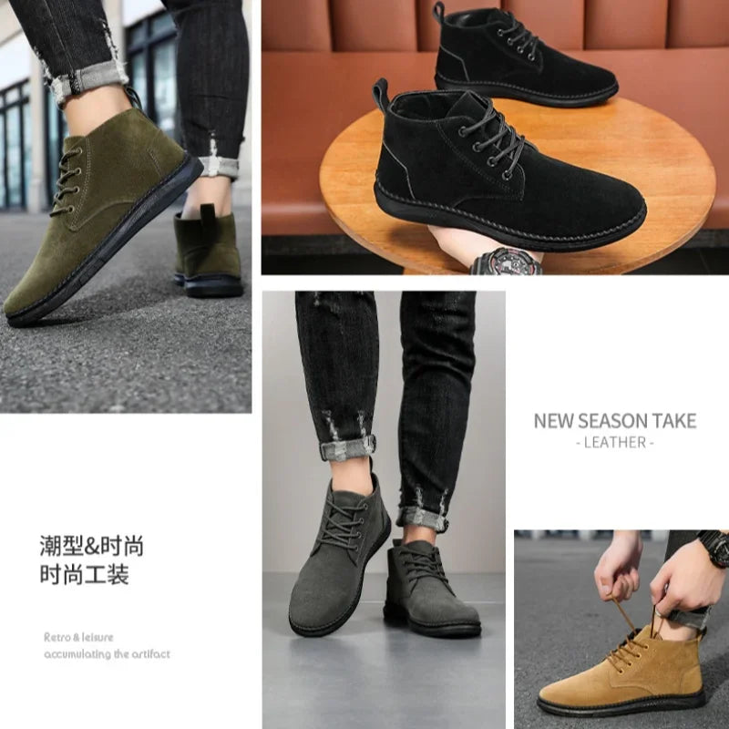 Winter Outdoor Men Casual Shoes Leather Ankle Boots No-slip High Top Male Work Shoes High Quanlity Square Head Men Chelsea Boots