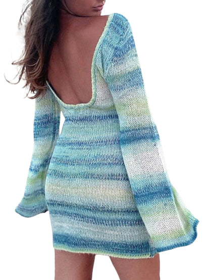 Elegants Dress For Women O-Neck Autumn Knitted Dress Collision sweater long sleeve round neck striped dress