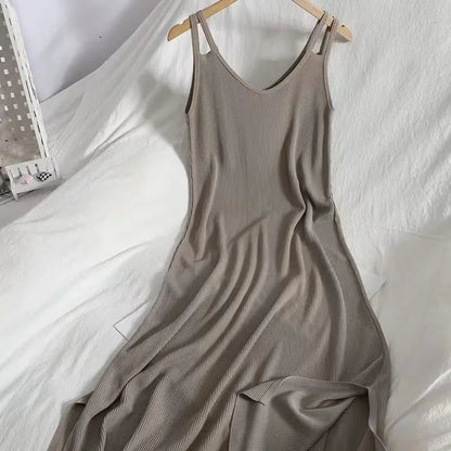 Lucyever Solid Color Summer Knit Dress for Women Casual Beach V-Neck Spaghetti Strap Dresses All-Match Simple Split Long Dress