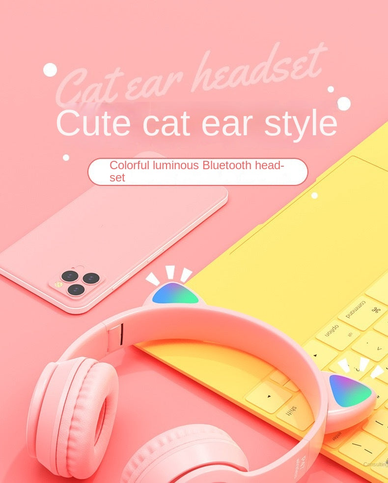 Wireless Headphones Cat Ear Bluetooth-Compatible Helmets Stereo Bass Over-Ear Headsets Sports Headphones for Kids and Adult