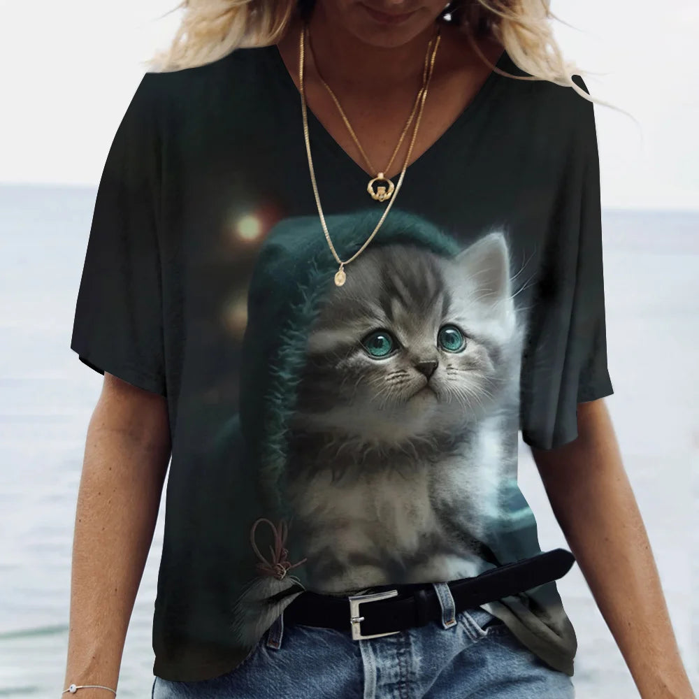 Fashion Women's T-shirt Cat Print Short Sleeve Clothes Female Harajuku Tees Ladies T Shirt Oversized Tops Animal Women Clothing