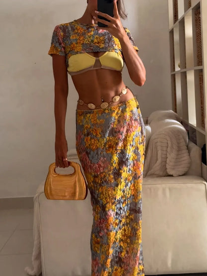 Chic Lace Shiny Women Suit Round Neck Sexy Short Top Slim Fit Elegant Long Skirt Fashion 2025 Night Party Birthday Women Suit