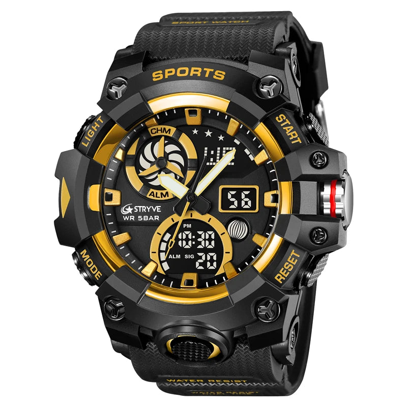 STRYVE Top Brand Electronic Watch For Men Outdoor Sports Waterproof Dual Time Display Quartz Wristwatches Rubber reloj hombre