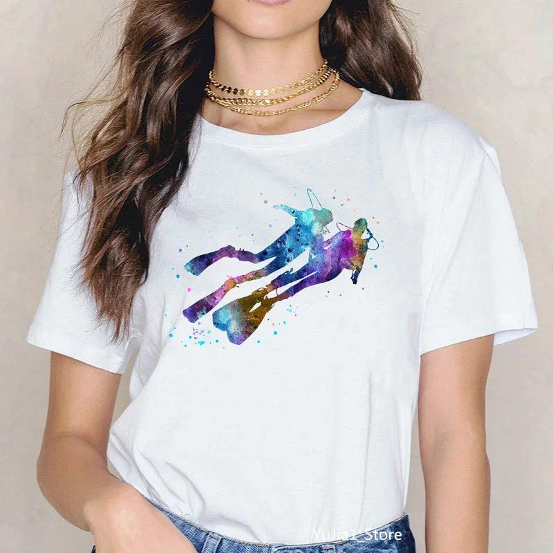 Watercolor Scuba Diving Lover Printed Sports Art Tee Shirt Femme Cute Summer Top Woman Clothes Ropa Mujer Custom Tshirt