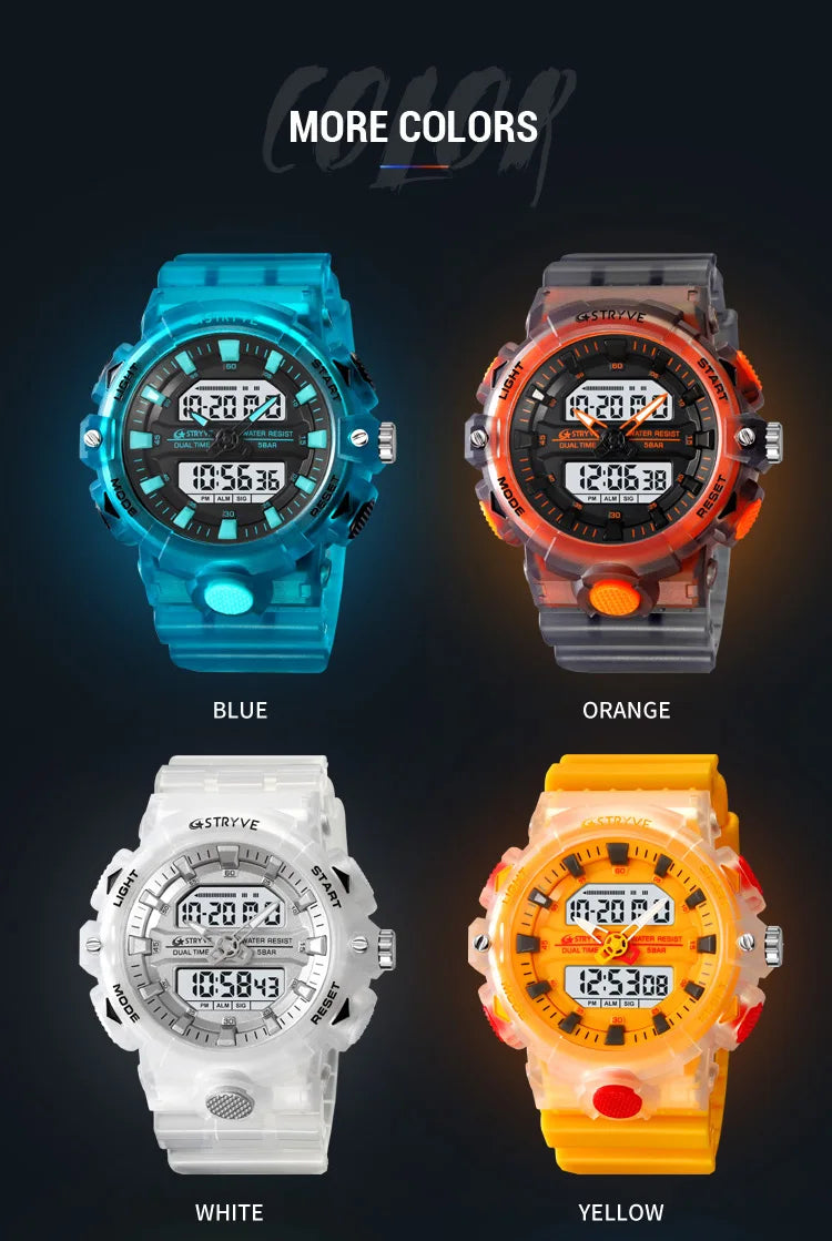 STRYVE Top Brand Electronic Watch For Men Outdoor Sports Waterproof Dual Time Display Quartz Wristwatches Rubber reloj hombre