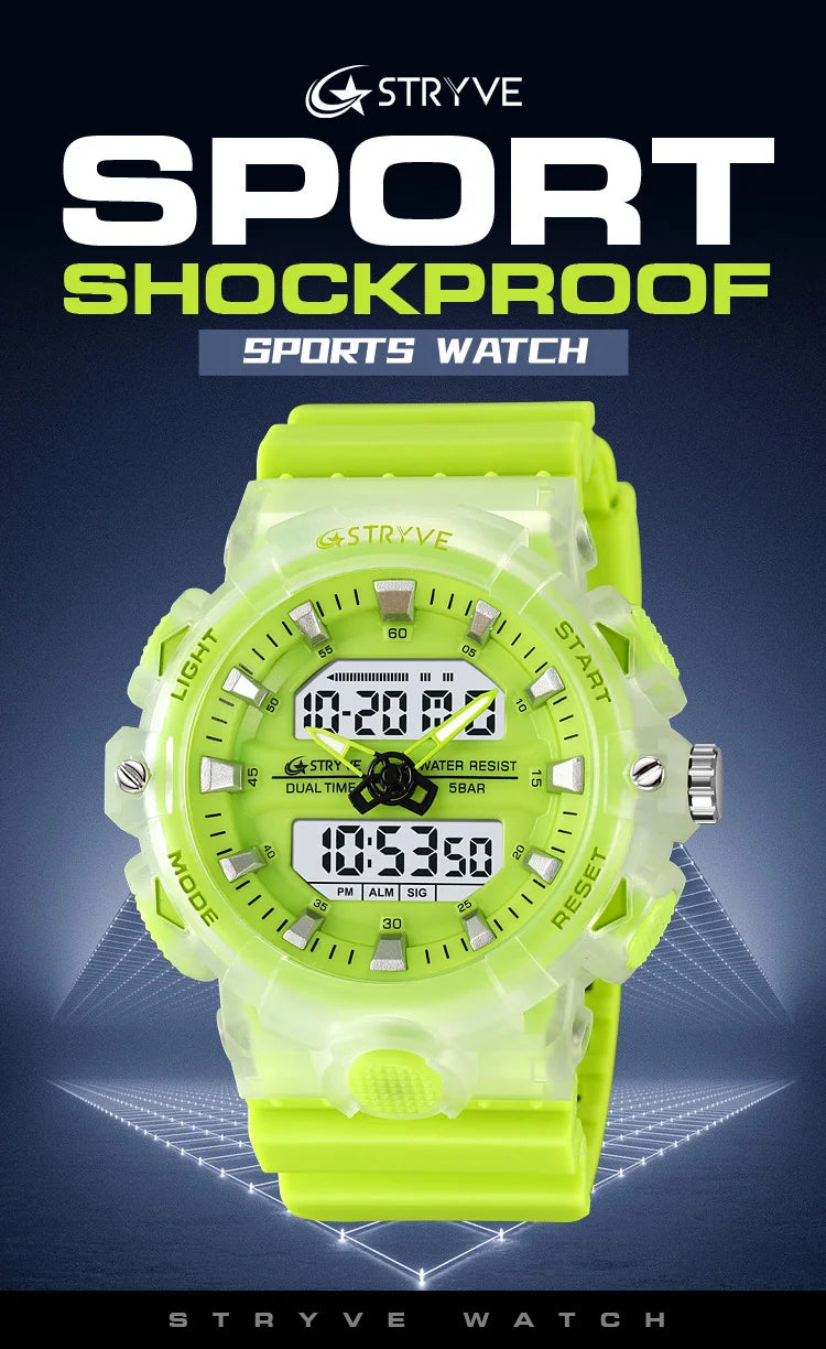 STRYVE Top Brand Electronic Watch For Men Outdoor Sports Waterproof Dual Time Display Quartz Wristwatches Rubber reloj hombre