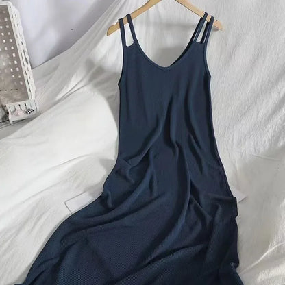 Lucyever Solid Color Summer Knit Dress for Women Casual Beach V-Neck Spaghetti Strap Dresses All-Match Simple Split Long Dress