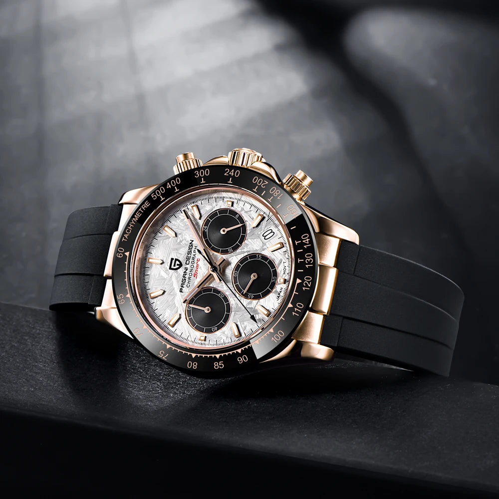 PAGANI DESIGN Watches Meteorite Surface Luxury Quartz Watches For Men Stainless Steel Waterproof Chronograph AR Sapphire Crystal