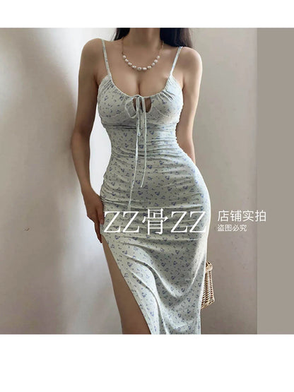 French Elegant Beach Vacation Style Print Side Split Print Dress With Hanging Strap Long Dress Robe Fashion Sweet 2024 New L7M4