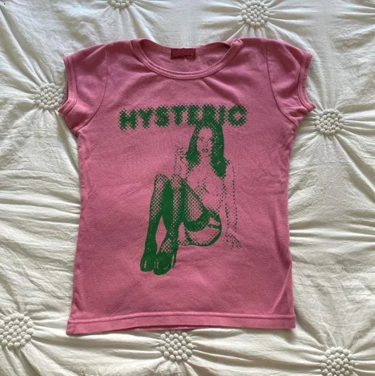 Summer 2000s aesthetic cute graphic print sleeve t-shirt vintage women streetwear kawaii slim fit crop top punk tee baby tee