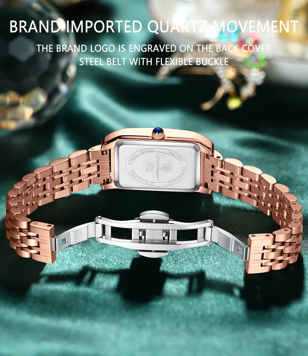 POEDAGAR Women Watch Fashion Luxury Diamond Green Dial Square Quartz Watches Stainless Steel Waterproof Ladies Wristwatch Gift