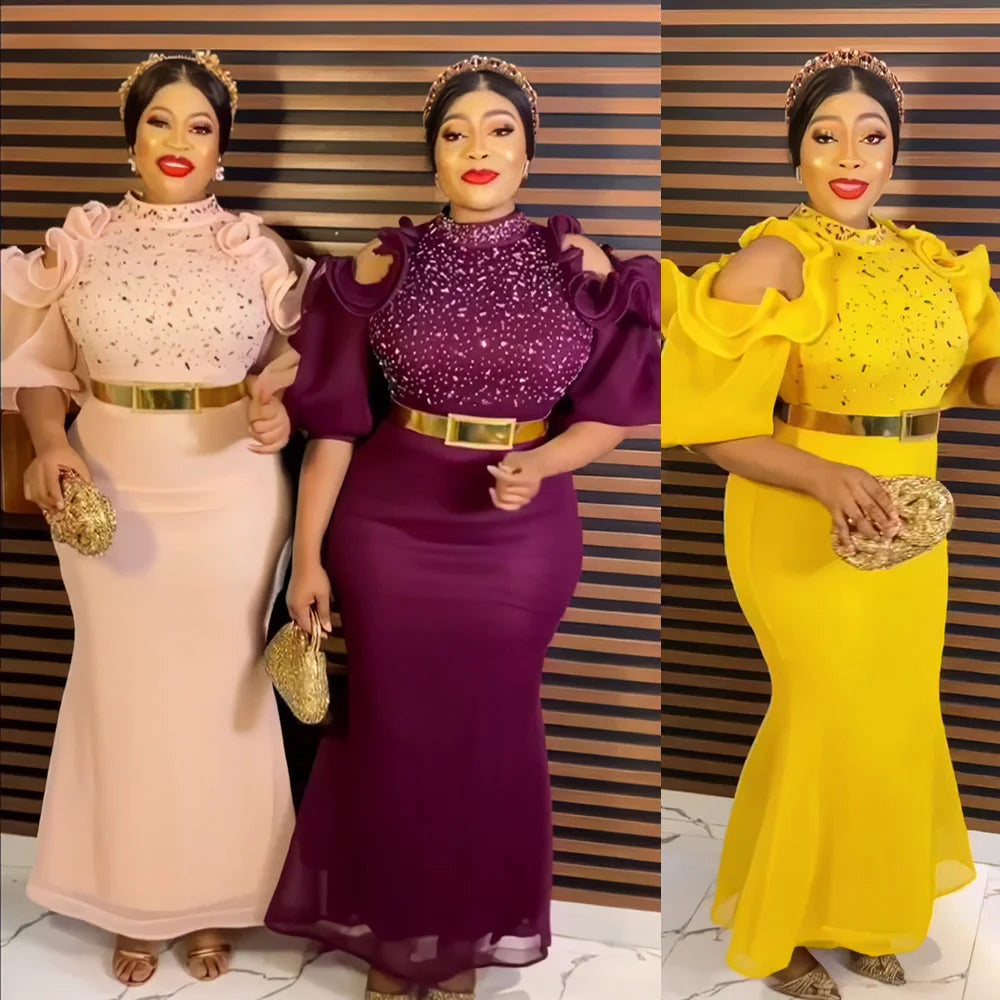 African American evening dress gauze off-the-shoulder belt diamond African mom dress