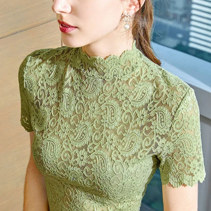 Summer Women Short Sleeve Tops Solid Color Lace Hollow Sexy Bottom Shirt Turtleneck Thin T-shirt Transparent Gauze Tees
