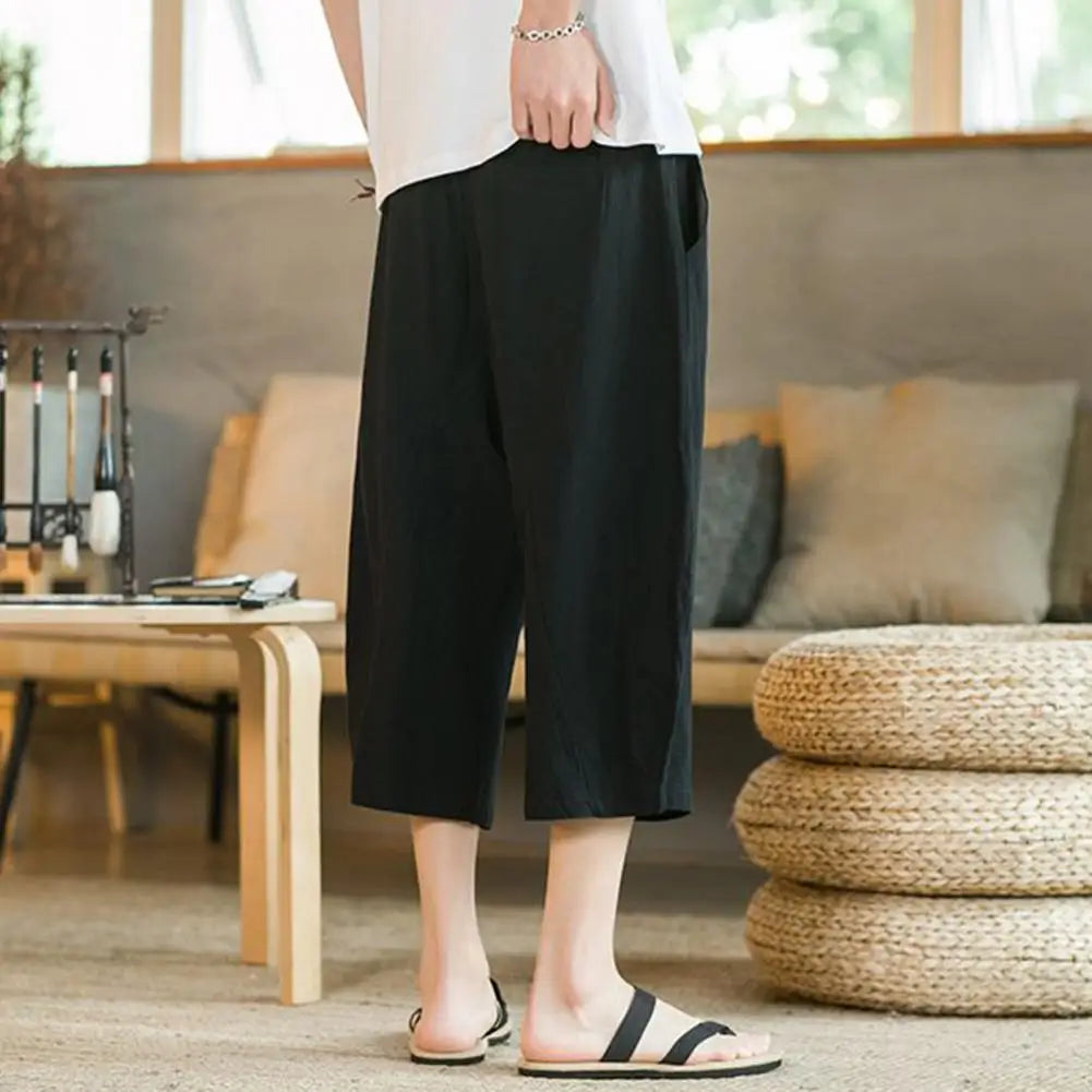 Beach Pants Solid Color Wide Leg Keep Cooling Pure Color Summer Trousers   Men Summer Trousers  Men Garment
