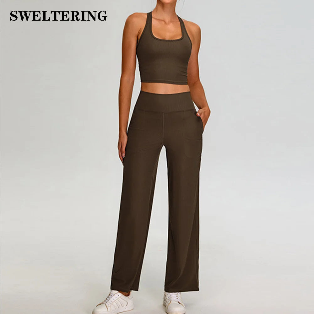 Ribbed Yoga Set Women's 2-piece Sportswear Running and Fitness Set Gym Workout Clothes High Waisted Yoga Pants High Impact Bra