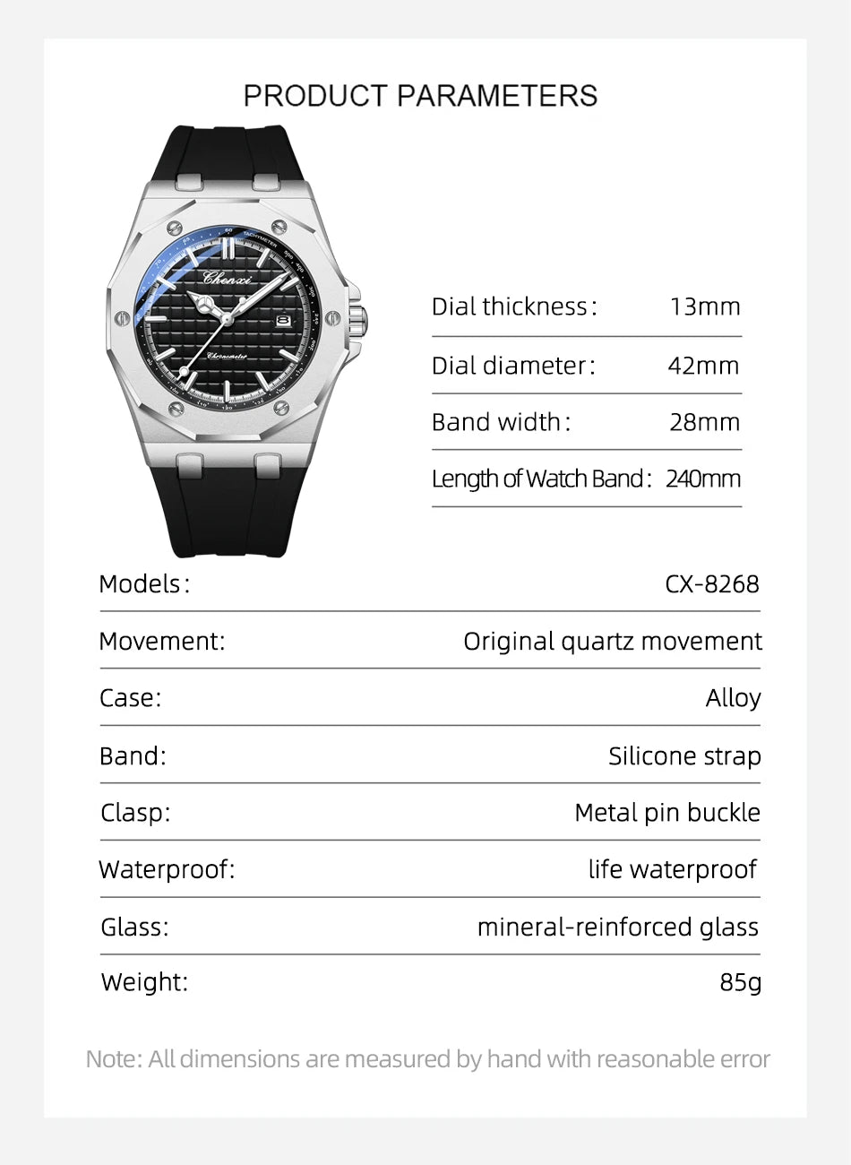 CHENXI 8268 Premium Men's Quartz Watch Night Light Silicone Strap Waterproof Calendar Casual Men's Texture Watch reloj hombre