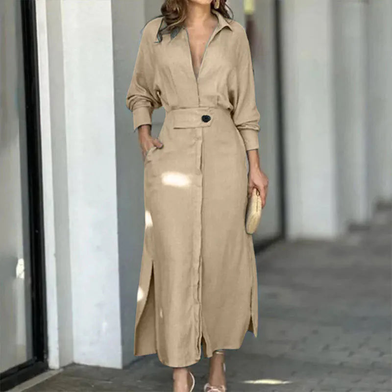 Summer 2025 Women's Commuter Shirt Dress Solid Color Long Sleeve Waist Irregular Design Fashionable Temperament