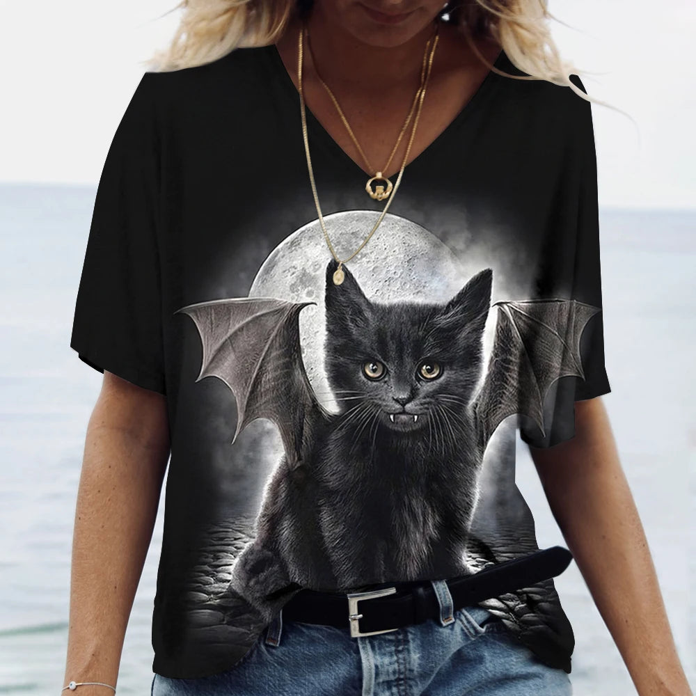 Fashion Women's T-shirt Cat Print Short Sleeve Clothes Female Harajuku Tees Ladies T Shirt Oversized Tops Animal Women Clothing