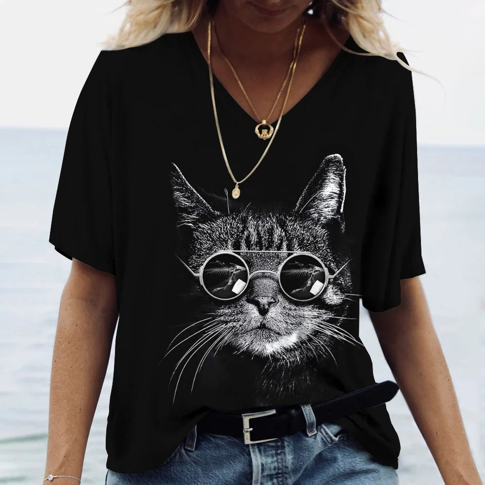 Fashion Women's T-shirt Cat Print Short Sleeve Clothes Female Harajuku Tees Ladies T Shirt Oversized Tops Animal Women Clothing