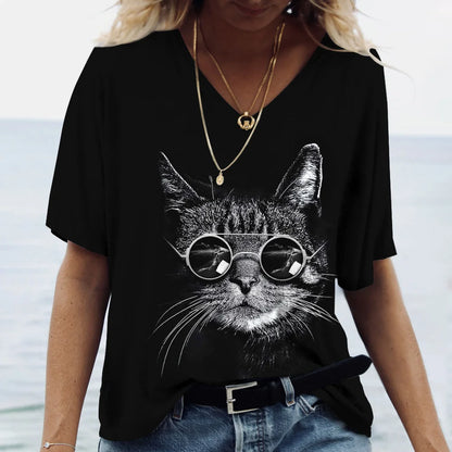Fashion Women's T-shirt Cat Print Short Sleeve Clothes Female Harajuku Tees Ladies T Shirt Oversized Tops Animal Women Clothing