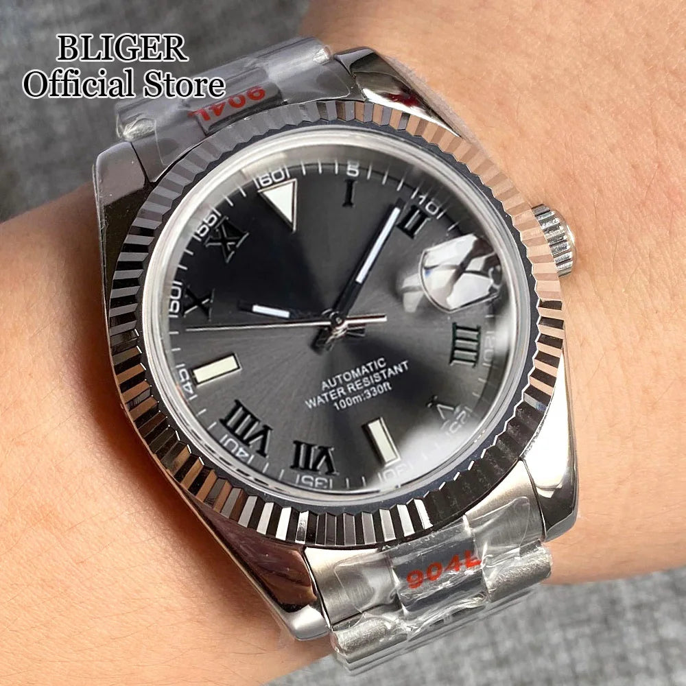 36mm 39mm Sunburst Grey Dial Dark Green Roman Numbers Diving NH35 Automatic Men Watch Stainless Steel Strap Sapphire Glass