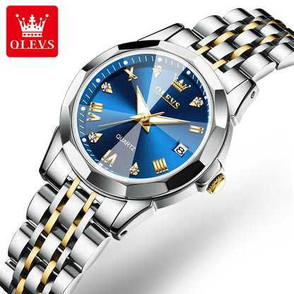 OLEVS Fashion Luxury Golden Watch For Women Stainless Steel Wristwatch Elegant Rhombus Quartz Waterproof Women's Watches Reloj