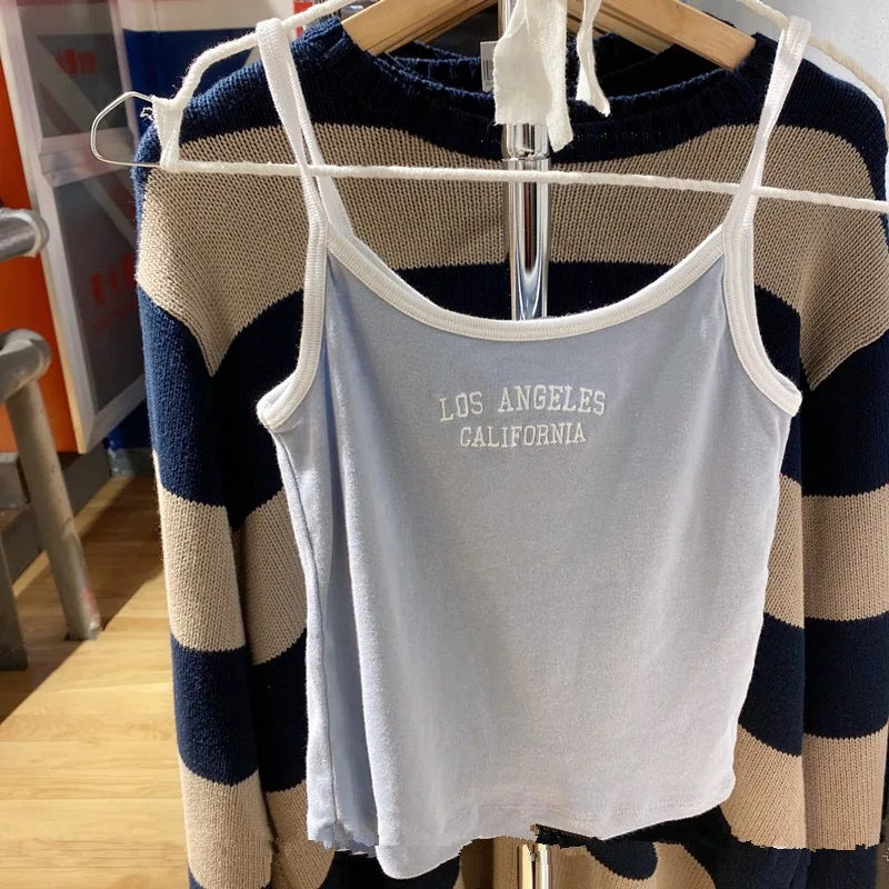 Retro Patchwork Ribbed Cotton Tops Women Summer Sweet Ruffle Square Collar Sleeveless Bow Camis Vintage Chic Slim Crop Top 2024