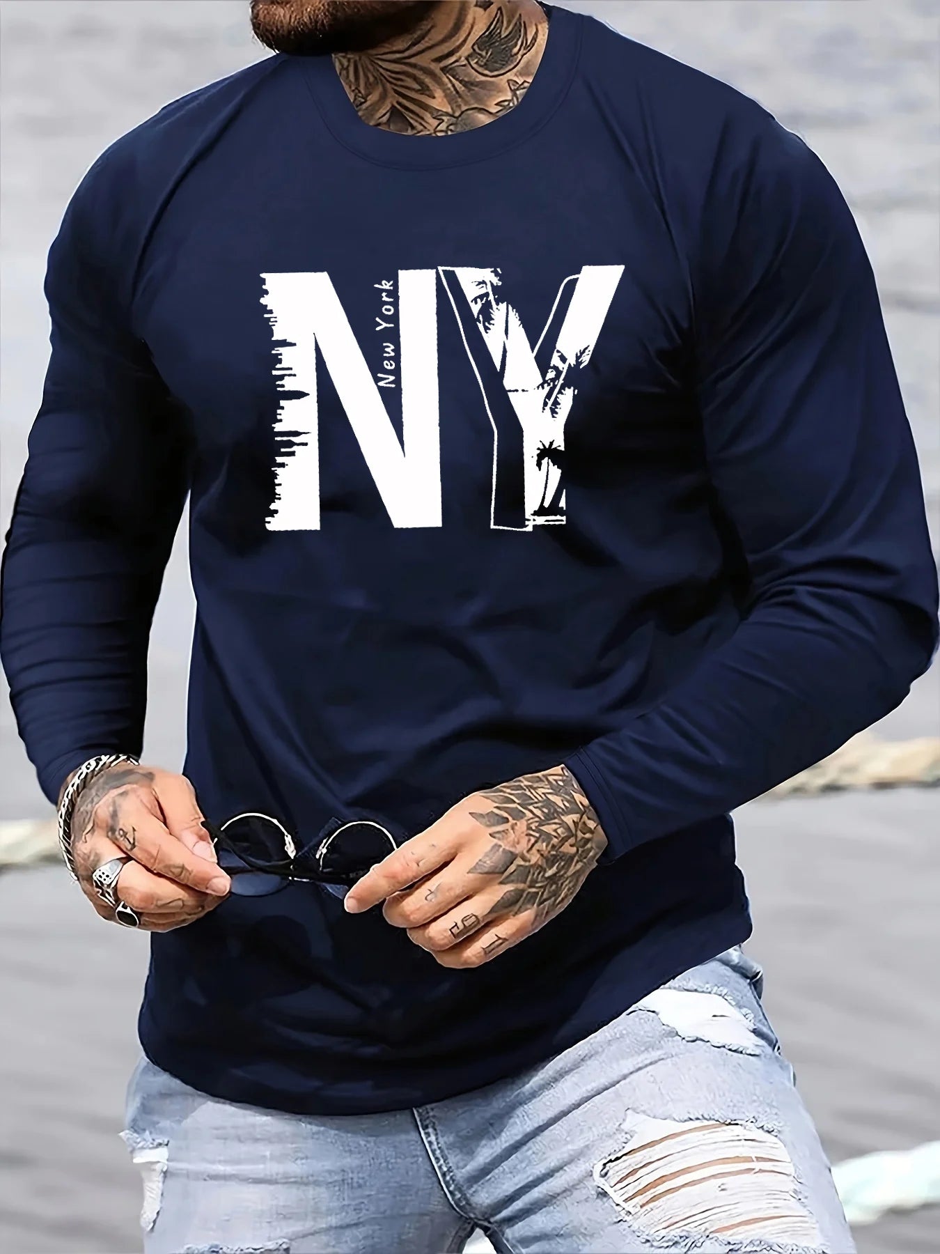 Men's 100% pure cotton loose fit plus size casual sports New York NY letter printed round neck long sleeved T-shirt top