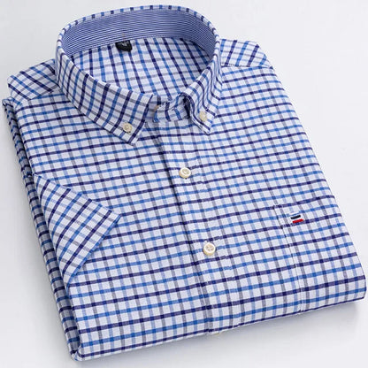 Men's Oxford Short Sleeve Square Collar Soild Plaid Striped Summer Casual Shirts Single Pocket Comfortable Cotton Shirt