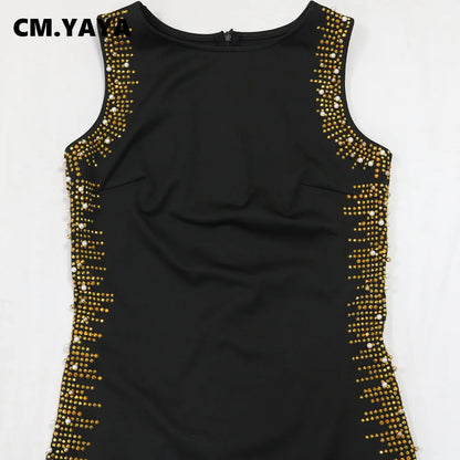 CM.YAYA Fall Diamonds Hot Rhinestones Tassel O-neck Women Sleeveless Bodycon Long Dress Birthday Party Evening Prom Maxi Dresses