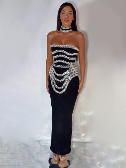 VC Black Strapless Long Dress Diamonds Embellished Bodycon Bandage Prom Celebrity Party Evening Gowns Dropshipping