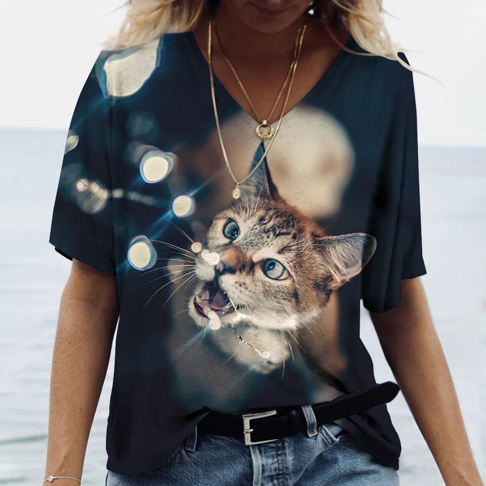 Fashion Women's T-shirt Cat Print Short Sleeve Clothes Female Harajuku Tees Ladies T Shirt Oversized Tops Animal Women Clothing
