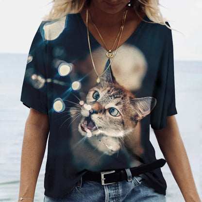 Fashion Women's T-shirt Cat Print Short Sleeve Clothes Female Harajuku Tees Ladies T Shirt Oversized Tops Animal Women Clothing
