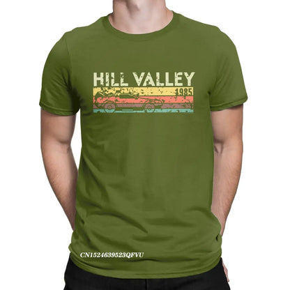 Hill Valley 1985 Tee Shirt Men Back To The Future Tops T Shirts Doc Brown Marty Delorean Time Travel Movie BTTF Tees Plus Size