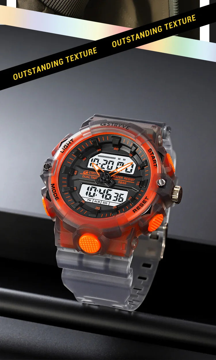 STRYVE Top Brand Electronic Watch For Men Outdoor Sports Waterproof Dual Time Display Quartz Wristwatches Rubber reloj hombre