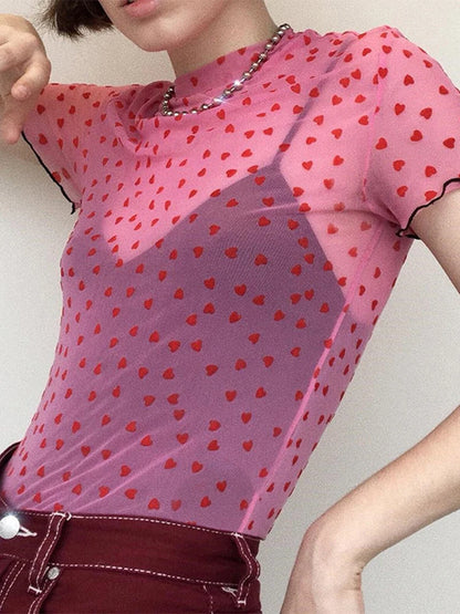 Hot Mesh Heart Turtleneck T Shirts Tops Women Transparent 2024 See Through White Black Elastic Skinny Crop Tops Stretchy New
