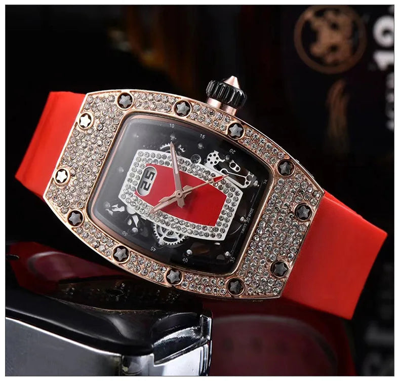 Manufacturer's spot supply, business fashion diamond-set, women's quartz watch red lip wine barrel-shaped watch