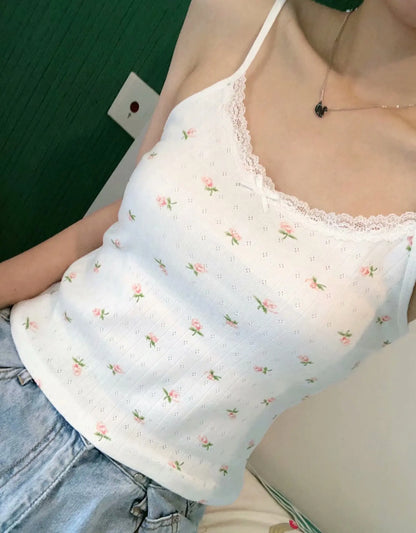 Retro Patchwork Ribbed Cotton Tops Women Summer Sweet Ruffle Square Collar Sleeveless Bow Camis Vintage Chic Slim Crop Top 2024