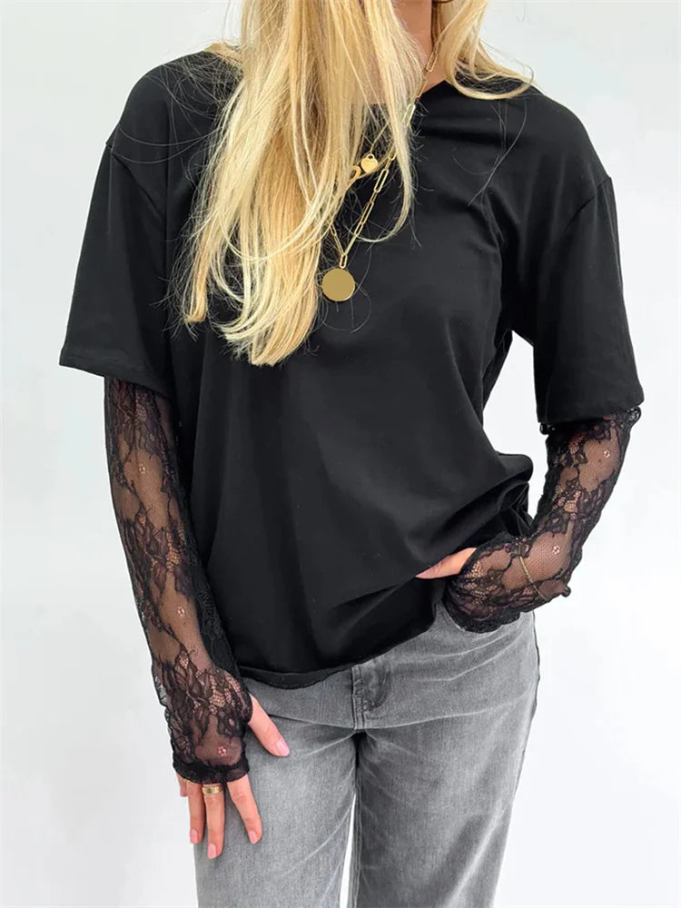 CHRONSTYLE Women Round Neck T-Shirts Lace Long Sleeve Casual Spring Fall Loose Fit Tops Solid Color Tees for Streetwear Y2K 00s